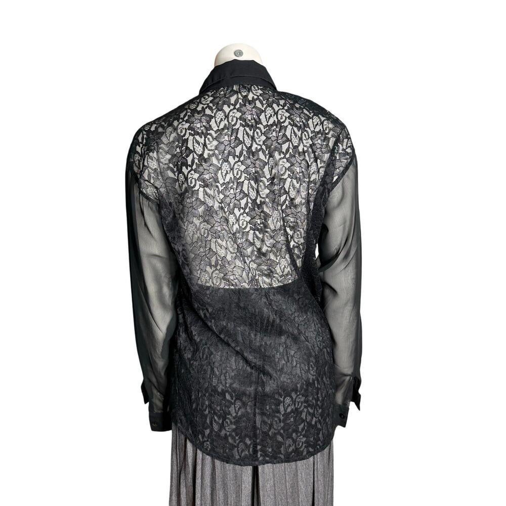 Vintage 90s effeci Shirt Women's Small Lace Sequins Black Sheer - Picture 2 of 5